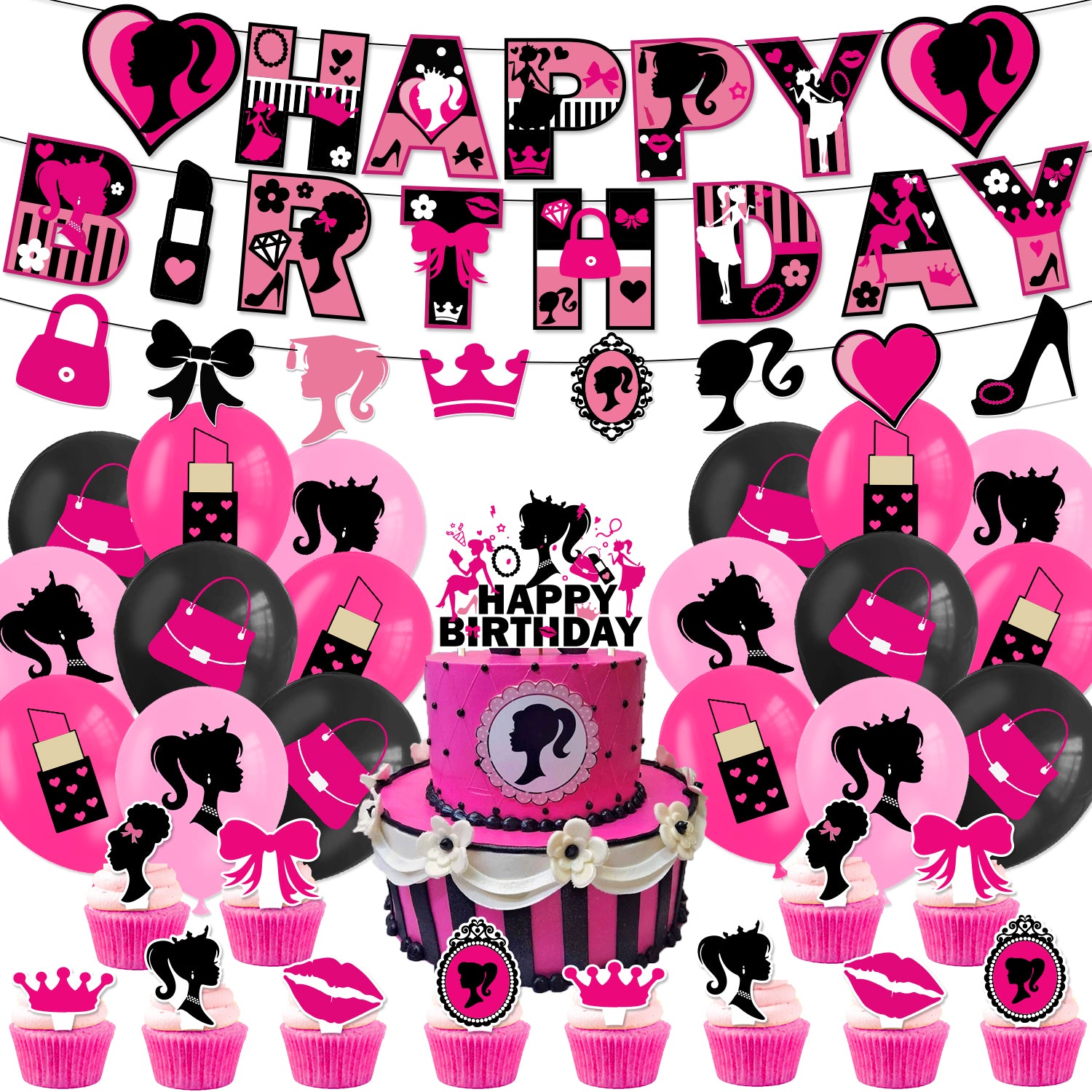 Barbie Movie Theme Birthday Party Pink Decoration Supplies Included Banner  Balloons Kit Cake Topper Cupcake Toppers Decors Set