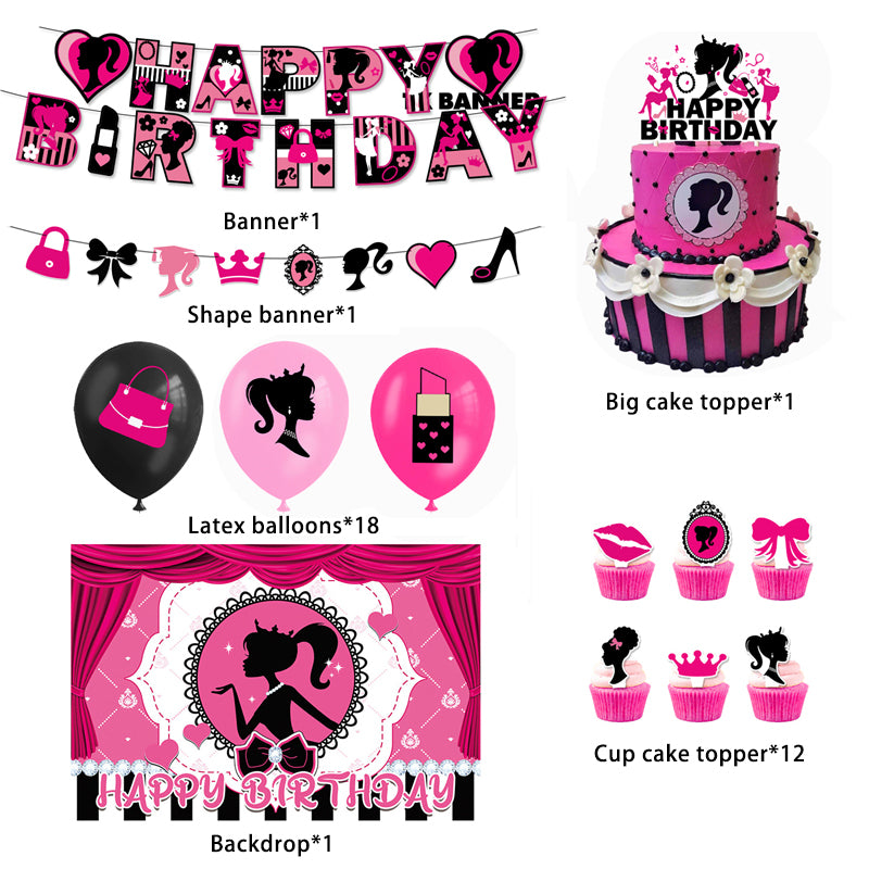 Barbie Movie Theme Birthday Party Pink Decoration Supplies Included Banner  Balloons Kit Cake Topper Cupcake Toppers Decors Set